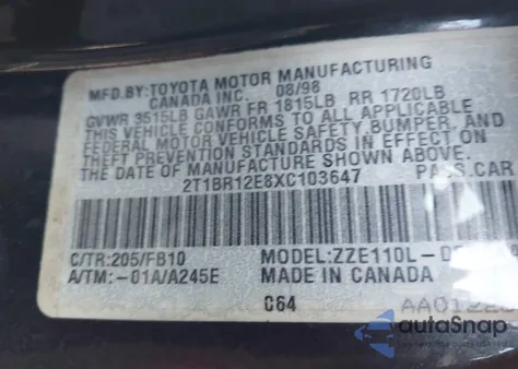 1999 Toyota Corolla Ce z USA, uszkodzony, nr VIN 2T1BR12E8XC103647